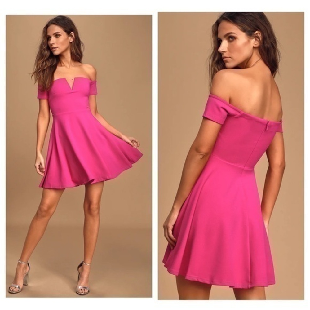 NWT Lulu’s Play the Party Fuchsia Off-the-Shoulder Skater Dress Y7